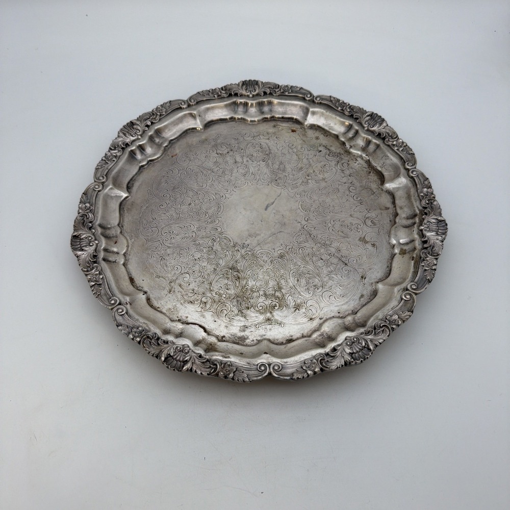Poole Silver-Plated Copper Large Round Footed Platter with Etching and Textured